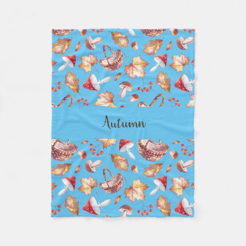 Autumn Leaves and Mushrooms Fleece Blanket