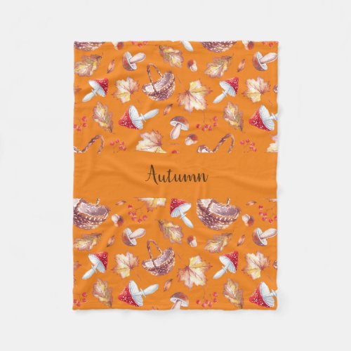 Autumn Leaves and Mushrooms Fleece Blanket