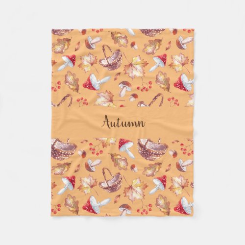 Autumn Leaves and Mushrooms Fleece Blanket