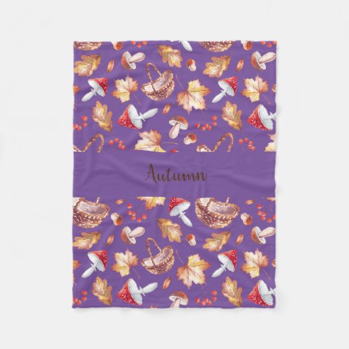 Autumn Leaves and Mushrooms Fleece Blanket