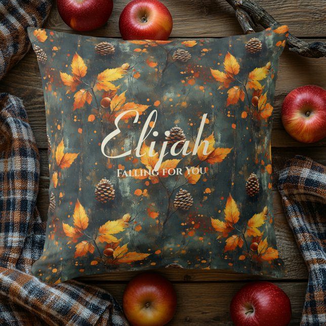 Autumn Leaves and Pinecones Pattern in Deep Teal  Throw Pillow (Creator Uploaded)