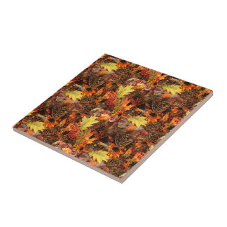 Autumn Leaves and Pinecones Thanksgiving Ceramic Tile