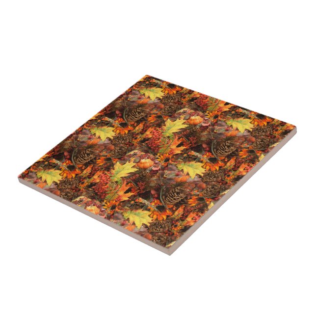 Autumn Leaves and Pinecones Thanksgiving Ceramic Tile (Side)