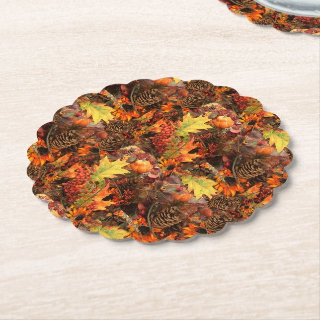 Autumn Leaves and Pinecones Thanksgiving Paper Coaster (Angled)