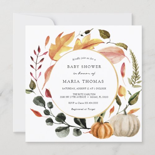 Autumn Leaves and Pumpkin Baby Shower Invitation