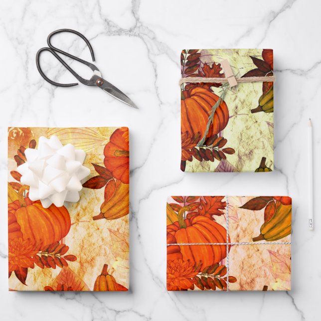 Autumn Leaves and Pumpkin Fall Pattern  Wrapping Paper Sheets (Front)