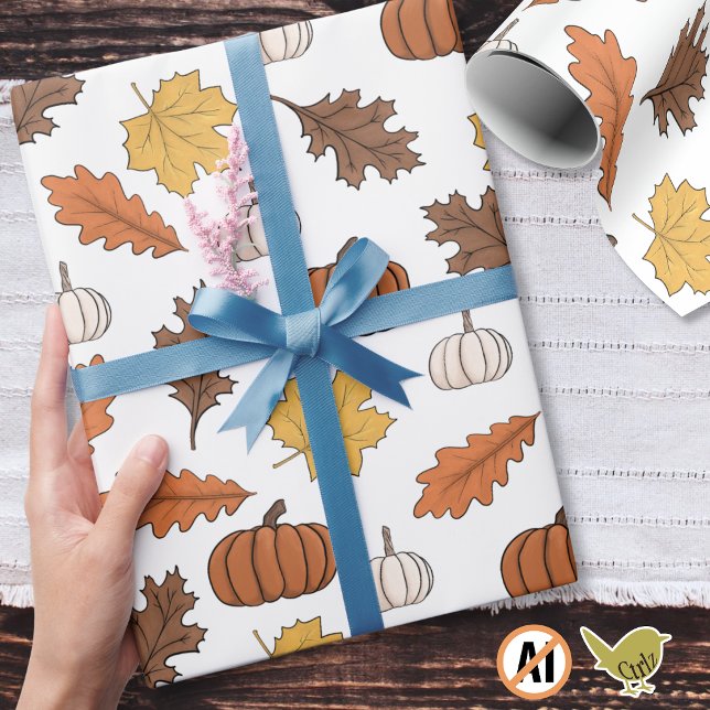 Autumn Leaves and Pumpkins Fall Harvest Wrapping Paper (Thanksgiving wrapping paper with pumpkins and fall leaves is perfect for autumn events.)