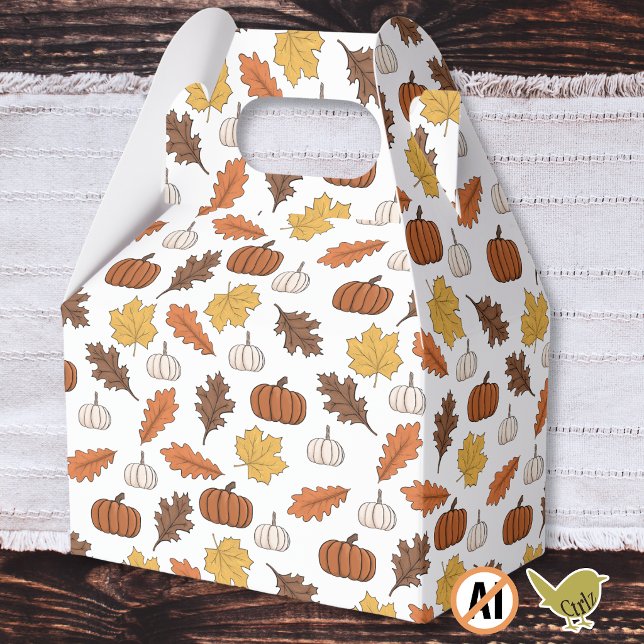 Autumn leaves and pumpkins favor boxes (Autumn leaves and pumpkins adorn this fall Thanksgiving favor box for handmade treats and gifts.)