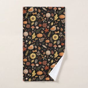 Autumn Leaves and Pumpkins in Black Thanksgiving Hand Towel