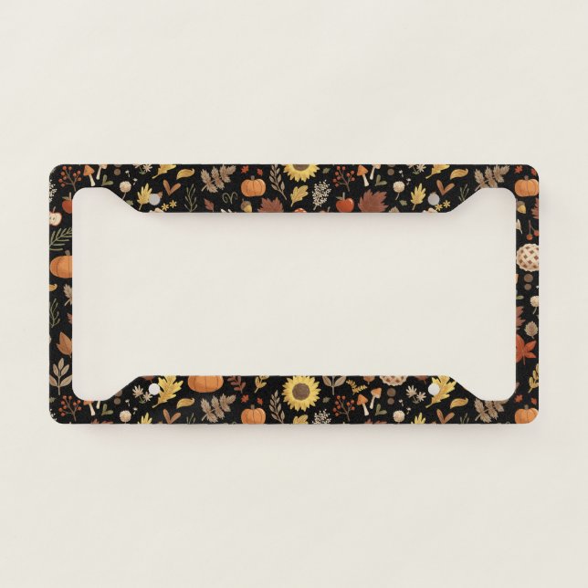 Autumn Leaves and Pumpkins in Black Thanksgiving License Plate Frame (Front)
