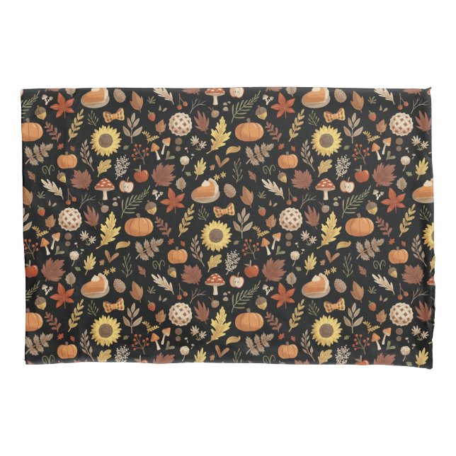 Autumn Leaves and Pumpkins in Black Thanksgiving Pillow Case (Front)