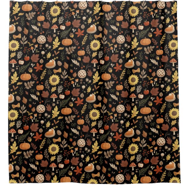 Autumn Leaves and Pumpkins in Black Thanksgiving Shower Curtain (Front)