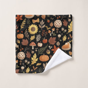 Autumn Leaves and Pumpkins in Black Thanksgiving Wash Cloth
