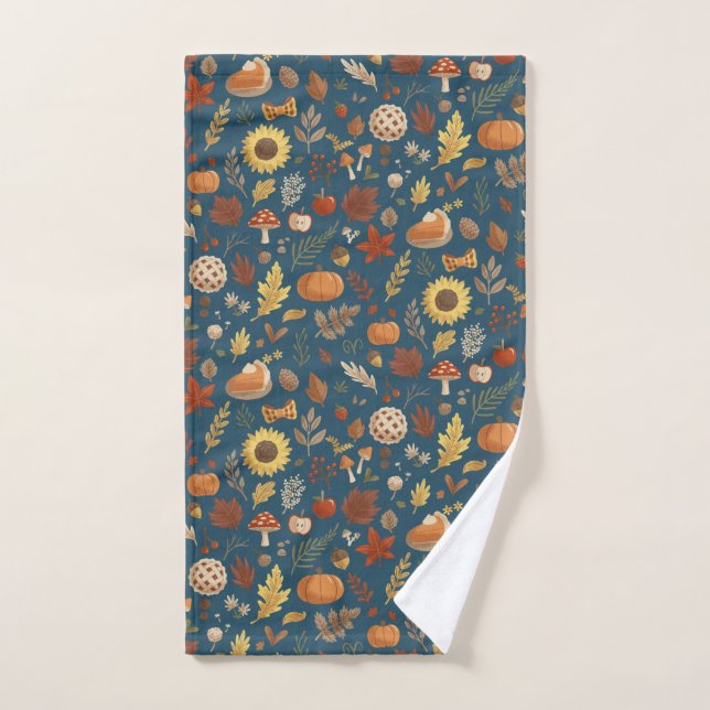 Autumn Leaves and Pumpkins in Navy Thanksgiving Hand Towel (Hand Towel)