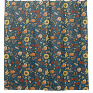 Autumn Leaves and Pumpkins in Navy Thanksgiving Shower Curtain