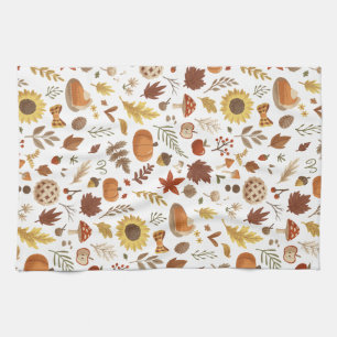 Autumn Leaves and Pumpkins in White Thanksgiving Kitchen Towel