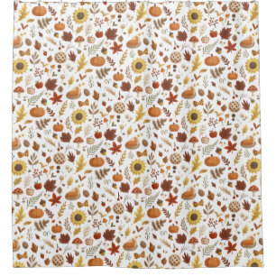 Autumn Leaves and Pumpkins in White Thanksgiving Shower Curtain