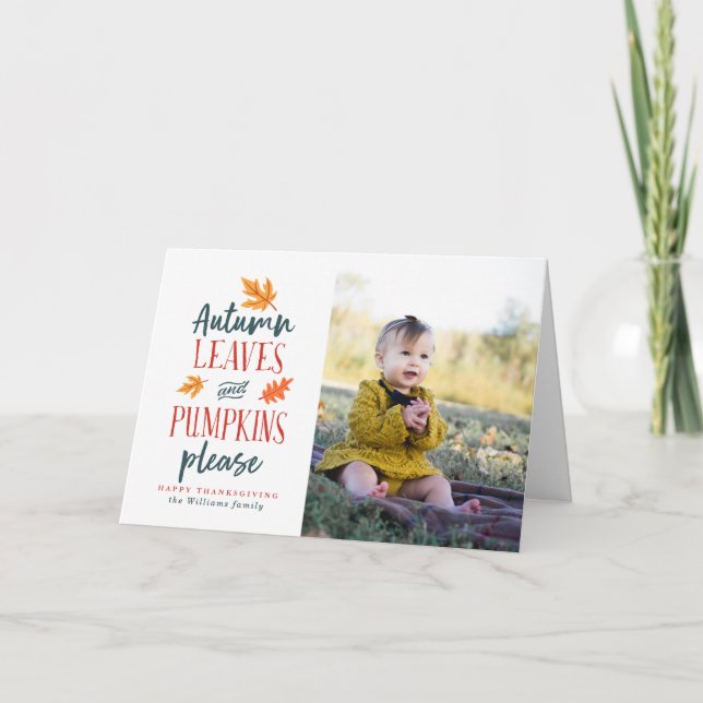 Autumn Leaves and Pumpkins Please Holiday Card (Front)