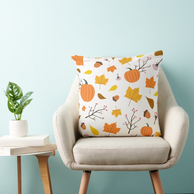 Autumn Leaves and Pumpkins with Pastel Yellow Back Throw Pillow (Chair)