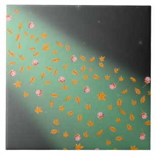 Autumn Leaves and Roses Green Ceramic Tile