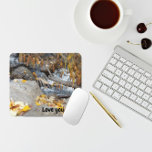 Autumn Leaves and Small Stream Photo Mouse Pad<br><div class="desc">A photo of a small stream framed with autumn leaves on a tree branch and on a rock in front of the stream. The sparkling water and gray rocks contrast nicely with the gold and brown leaves. The message, "Love you, Dad" is in the lower corner. Change the message if...</div>