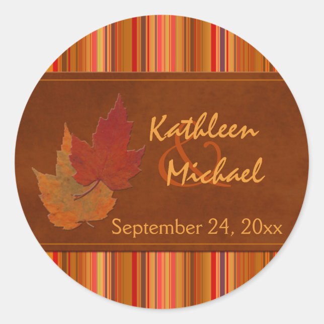 Autumn Leaves and Stripes 1.5" Wedding Sticker (Front)