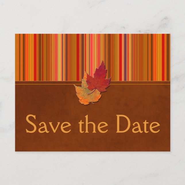 Autumn Leaves and Stripes Save the Date Card (Front)