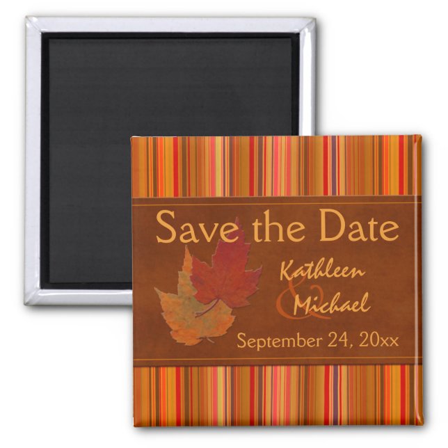 Autumn Leaves and Stripes Save the Date Magnet (Front)