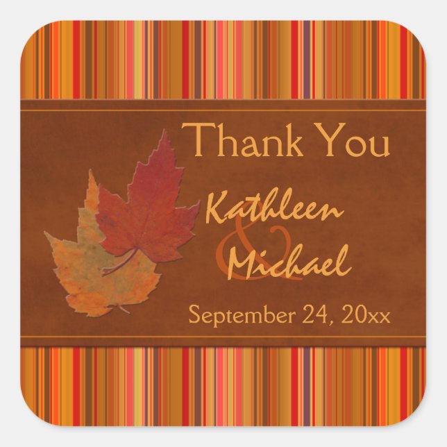 Autumn Leaves and Stripes Wedding Favor Sticker (Front)