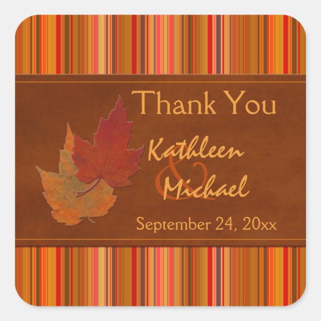Autumn Leaves and Stripes Wedding Favor Sticker (Front)