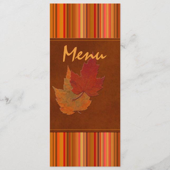 Autumn Leaves and Stripes Wedding Menu Card (Front)