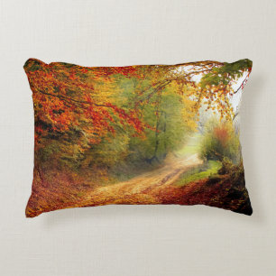 Autumn Leaves and Trees Covering Dirt Road Accent Pillow