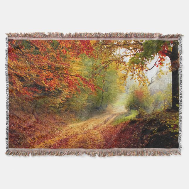 Autumn Leaves and Trees Covering Dirt Road Throw Blanket (Front)