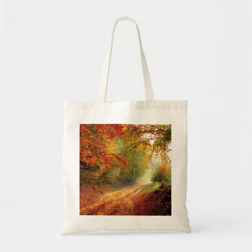 Autumn Leaves and Trees Covering Dirt Road Tote Bag