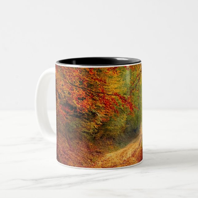 Autumn Leaves and Trees Covering Dirt Road Two-Tone Coffee Mug (Front Left)