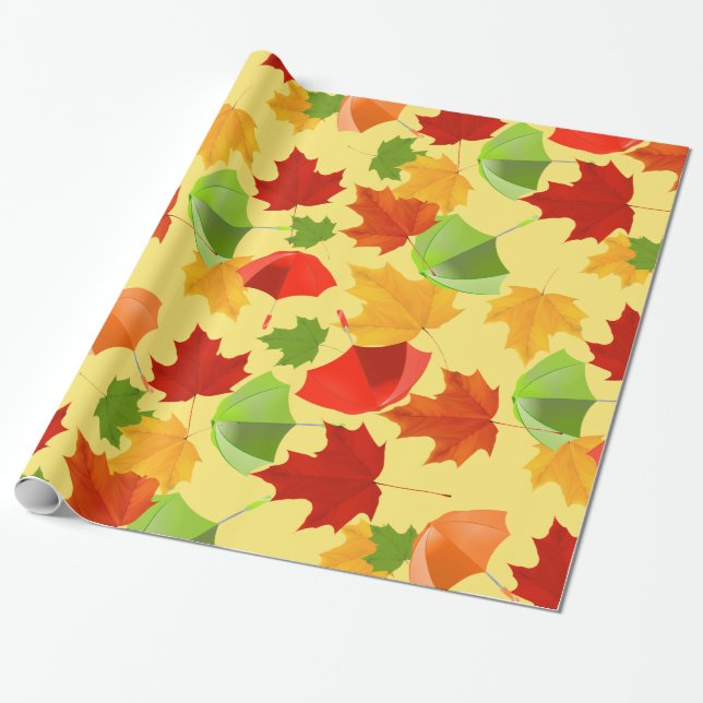 Autumn Leaves and Umbrellas Wrapping Paper (Unrolled)