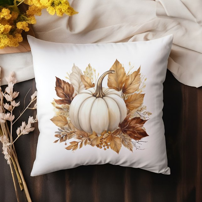 Autumn Leaves and White Pumpkin Throw Pillow (Creator Uploaded)