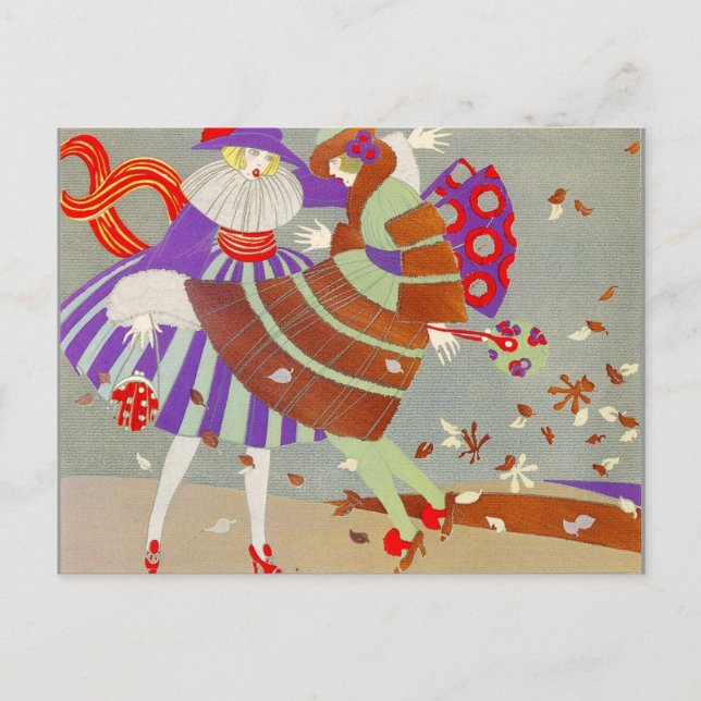 AUTUMN LEAVES AND WIND /FASHION COSTUME DESIGNER POSTCARD (Front)