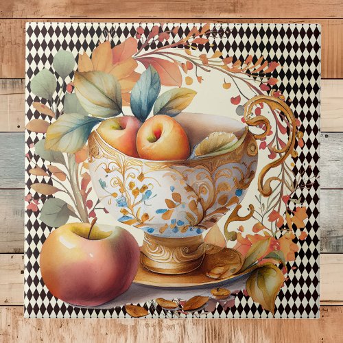 Autumn Leaves Apple Cider  Cup on Black Harlequin Ceramic Tile