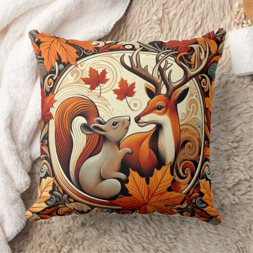 Autumn Leaves _ Art Deco Deer  Throw Pillow