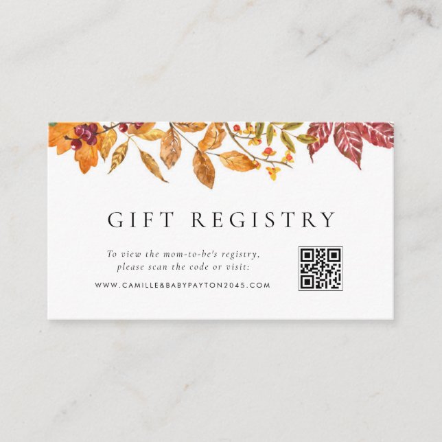 Autumn Leaves Baby Shower QR Code Registry Enclosure Card (Front)