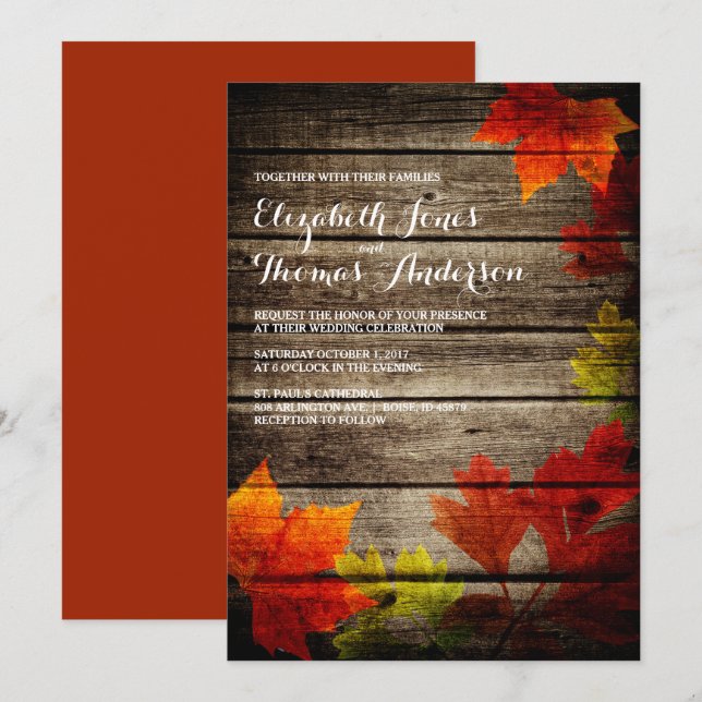 Autumn Leaves Barn Wood Rustic Fall Wedding Invitation (Front/Back)