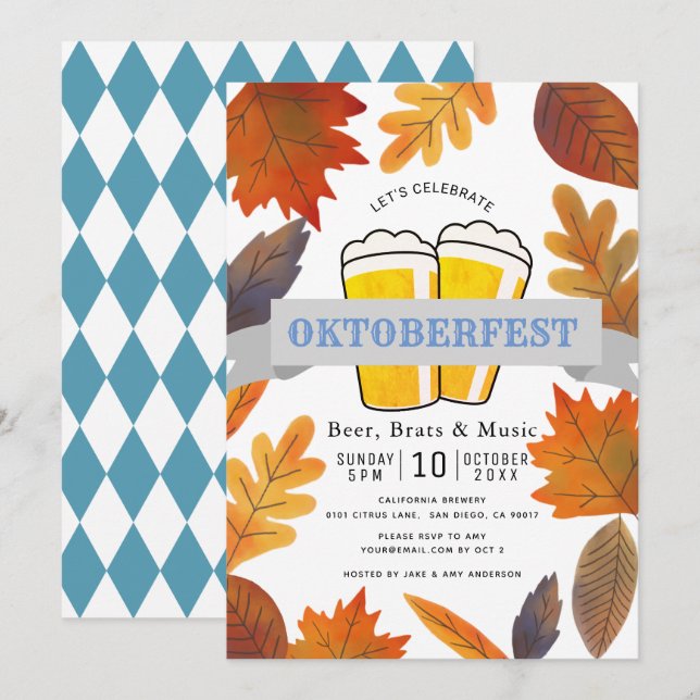 Autumn Leaves & Beer Oktoberfest Invitation (Front/Back)