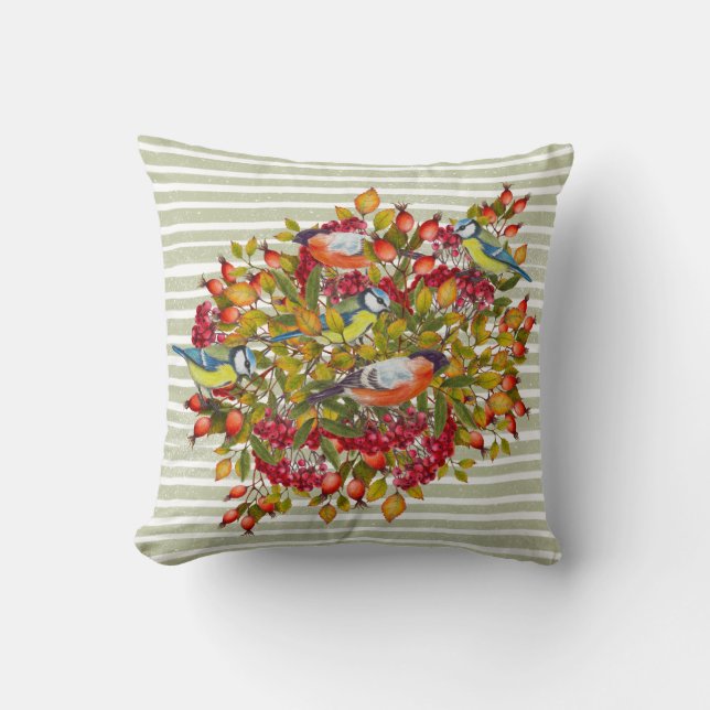 Autumn Leaves Berries and Birds Shabby Stripes Throw Pillow (Front)