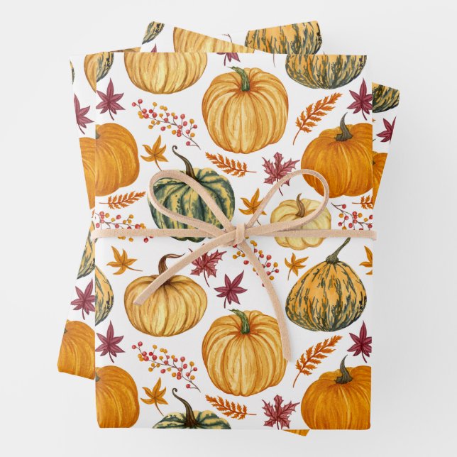 Autumn Leaves, Berries and Pumpkins  Wrapping Paper Sheets (In situ)