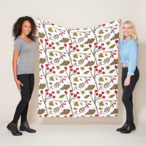 Autumn leaves berries branches fall color pattern fleece blanket