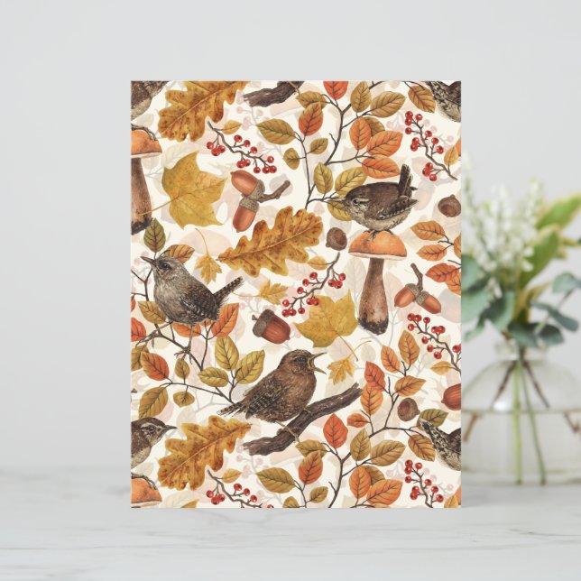 Autumn leaves, berries, mushrooms and wrens (Standing Front)