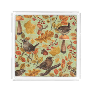 Autumn leaves, berries, mushrooms and wrens acrylic tray