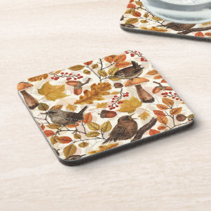 Autumn leaves, berries, mushrooms and wrens beverage coaster