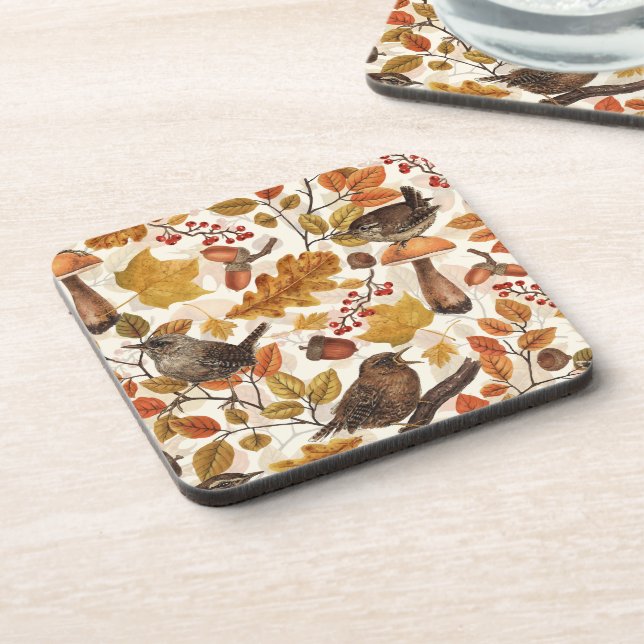 Autumn leaves, berries, mushrooms and wrens beverage coaster (Left Side)